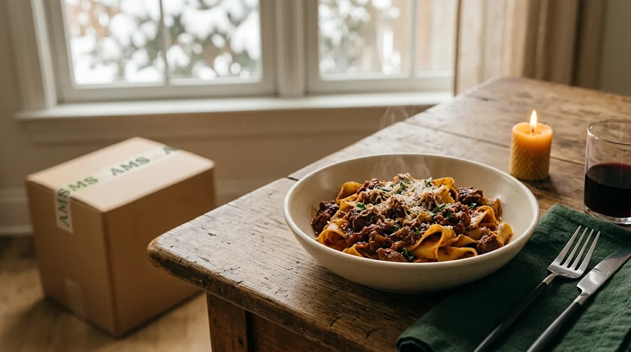 Clear, professional marketing lifestyle photography of a warm, comforting bowl of steaming hearty pasta, such as rich pappard