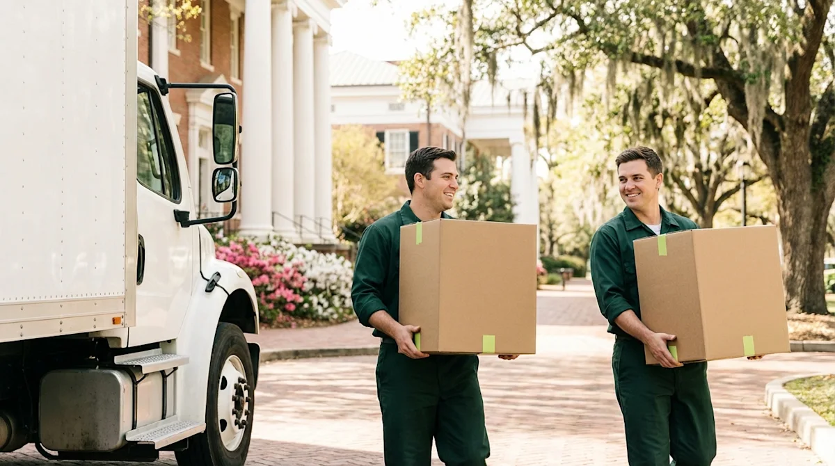 Two professional movers in green uniforms carrying boxes near a moving truck in Athens, Georgia.