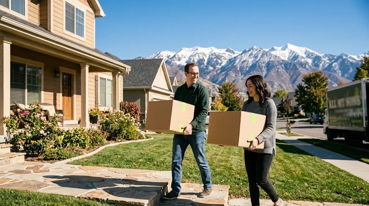 A high-quality, candid lifestyle photograph capturing a happy, stress-free moving day in Salt Lake City. In the foreground, a
