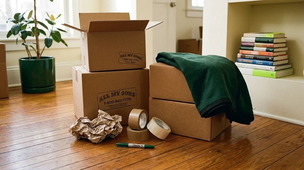 Candid 35mm film photography of essential moving and packing supplies arranged neatly on a warm hardwood floor in an inviting