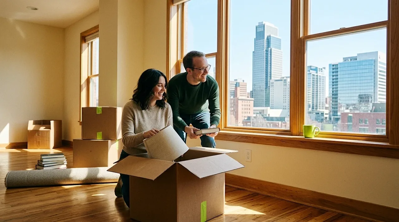 Authentic lifestyle photography, shot on 35mm film with warm, nostalgic lighting and a subtle grain. A happy couple is excite
