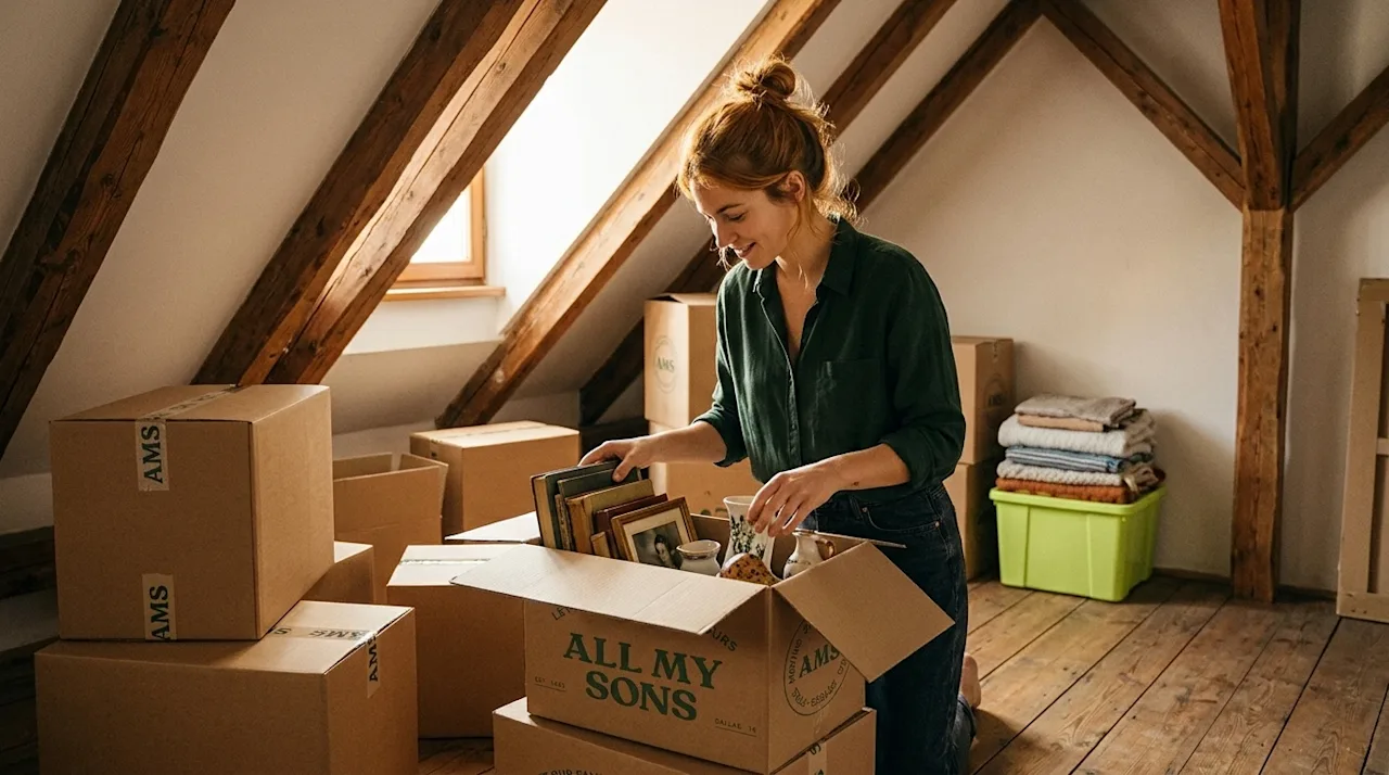 Professional marketing photography of an authentic, stress-free scene showing a person organizing a cozy attic space. A young