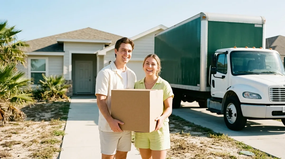 Photorealistic lifestyle photography of a joyful young couple standing on the sunny walkway of their charming new coastal sta
