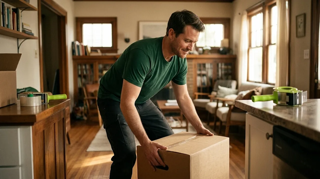 A candid, warm lifestyle photograph of a friendly professional mover demonstrating safe lifting techniques. The mover, wearin