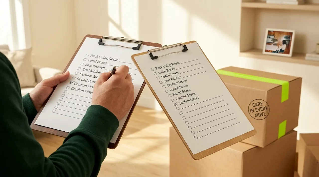 Professional lifestyle commercial photography of a home moving preparation scene. A bright, well-lit modern living room with