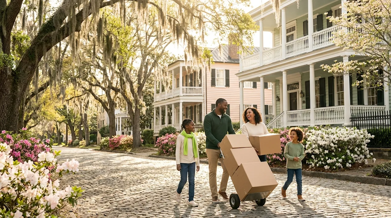 Happy family moving boxes on a cobblestone street in historic Charleston during the spring season.