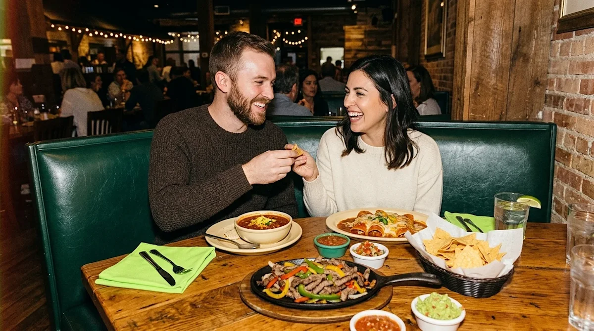 Clear, professional marketing photography of a candid, lifestyle scene featuring a happy couple enjoying a delicious meal at
