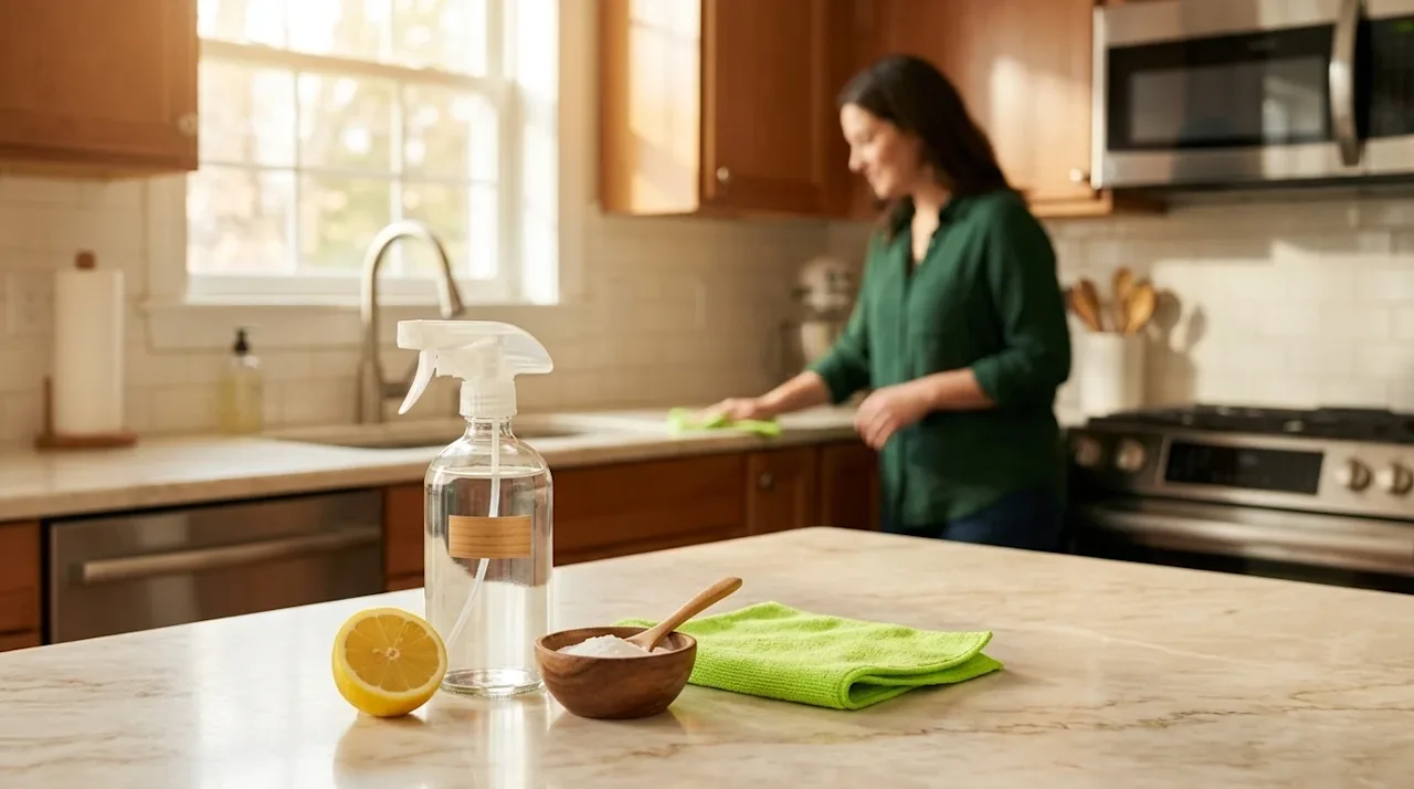 Professional marketing photography of a bright, sunlit suburban kitchen interior, representing a fresh and clean home. In the