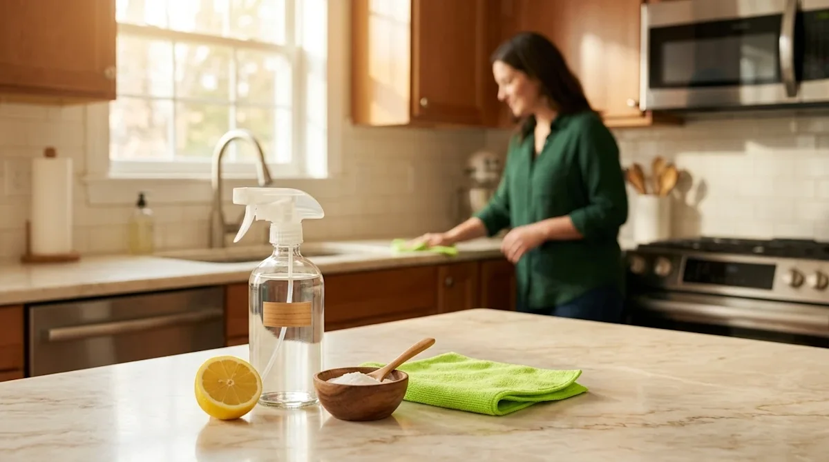 Professional marketing photography of a bright, sunlit suburban kitchen interior, representing a fresh and clean home. In the