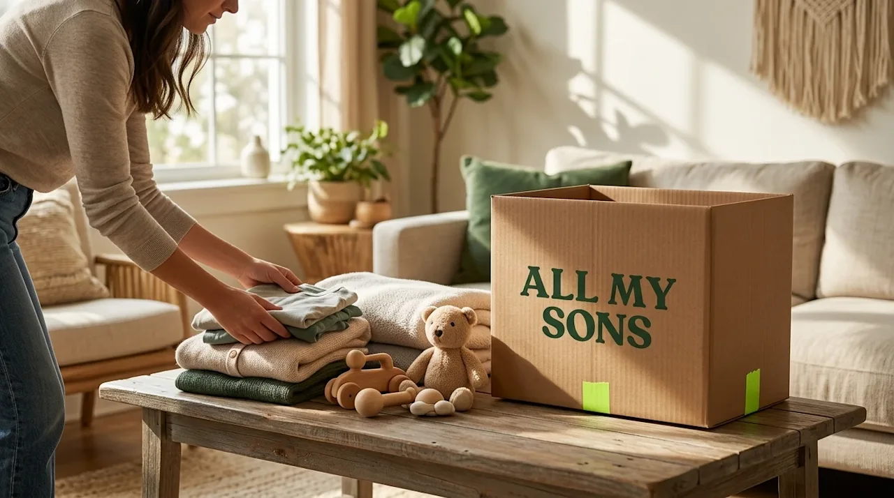Professional lifestyle marketing photography of a warm, sunlit, cozy living room. A casually dressed person is gently organiz