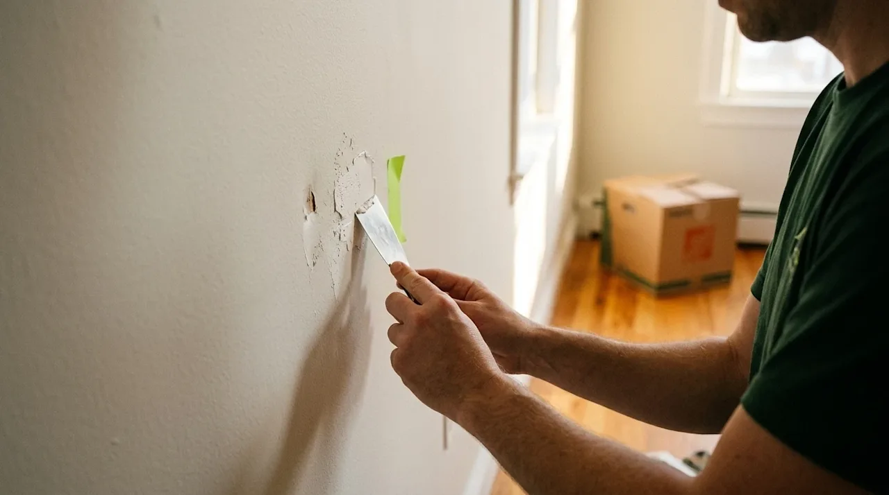 Authentic lifestyle photography, a close-up shot of a person repairing a minor scuff and dent on a light-colored interior hom