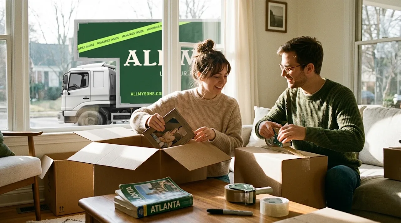 A realistic, high-quality lifestyle photograph of a young couple in a sunlit, warm living room preparing for a big move. They