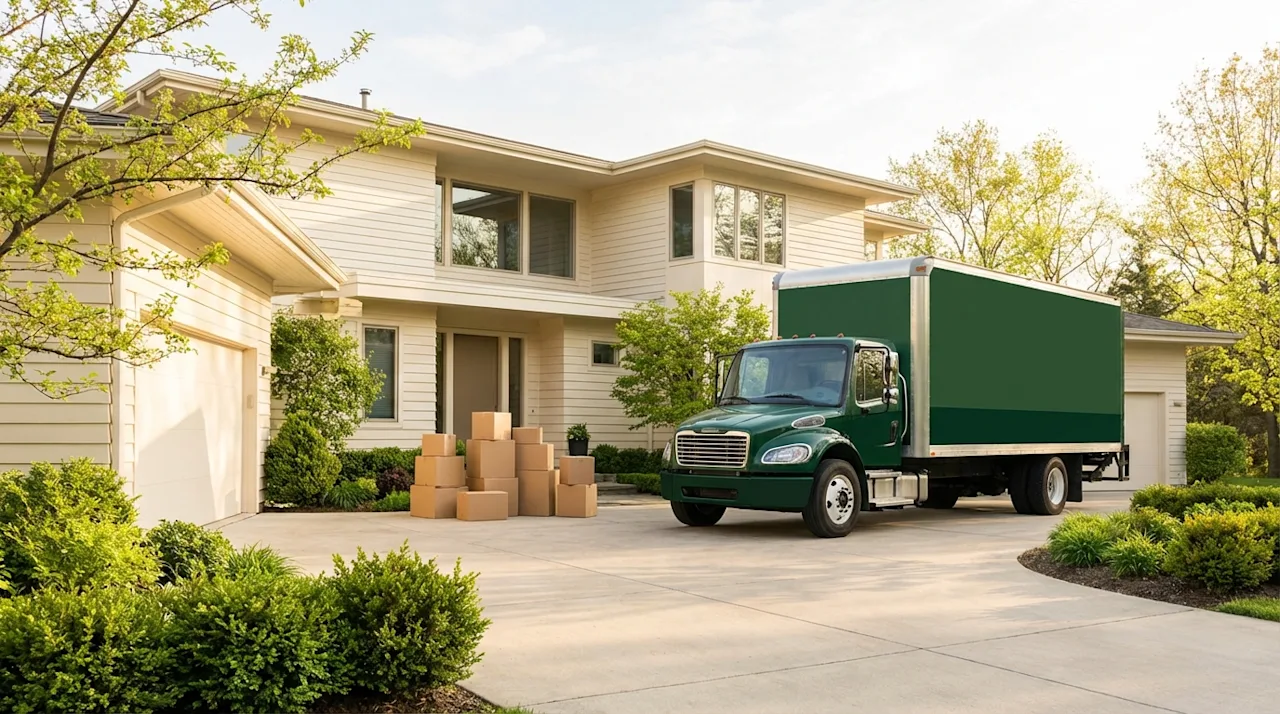 Green moving truck and boxes in the driveway of a modern cream residential investment property.