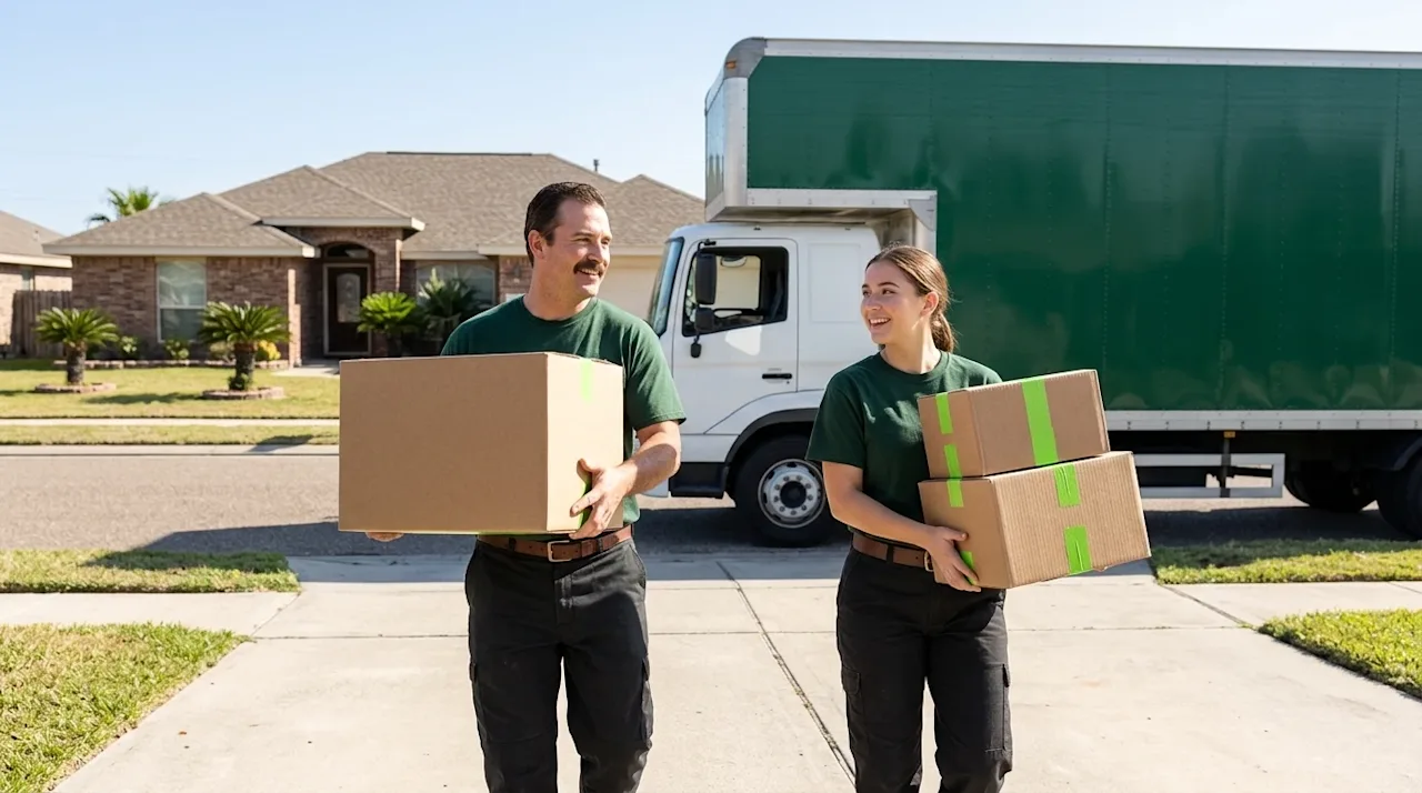 Candid lifestyle photography of professional movers working outside a sunny, coastal home in Corpus Christi, Texas. Two frien