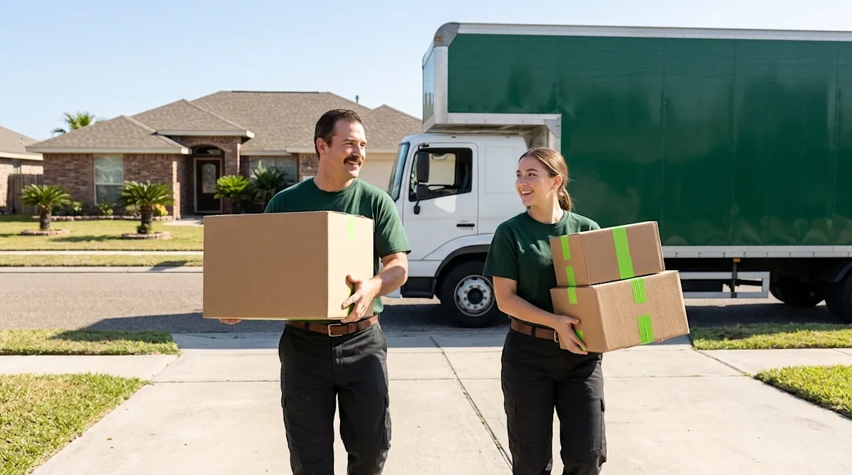 Candid lifestyle photography of professional movers working outside a sunny, coastal home in Corpus Christi, Texas. Two frien
