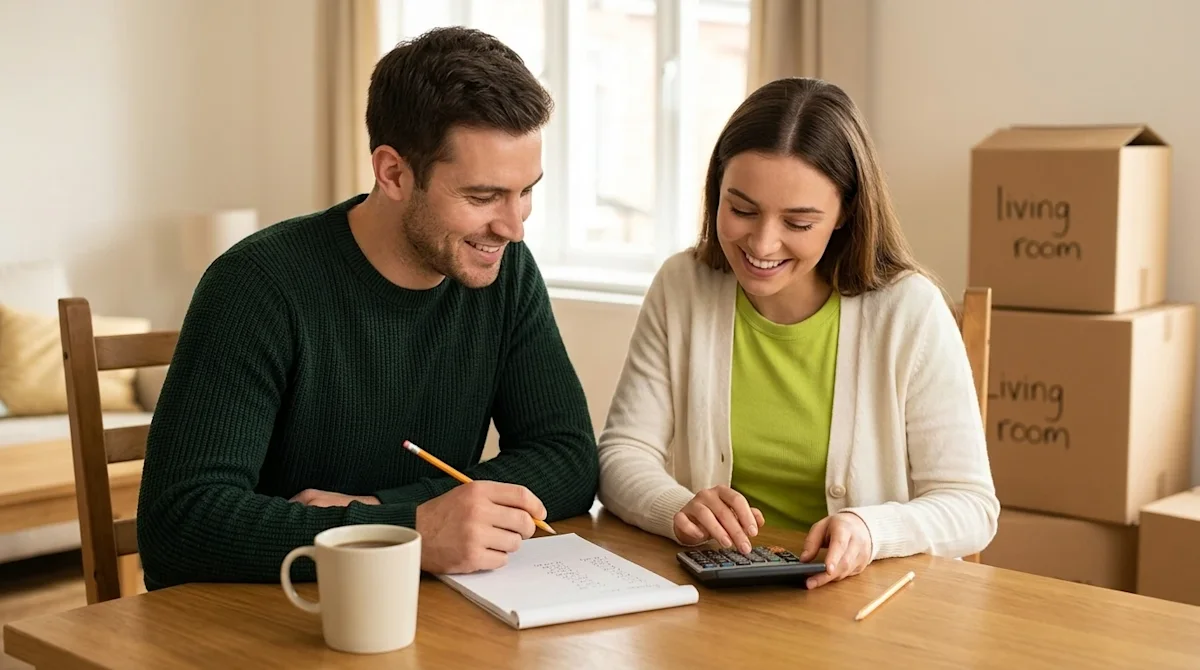 Clear and professional marketing photography of a happy, relieved young couple sitting at a dining table in a warmly lit, coz