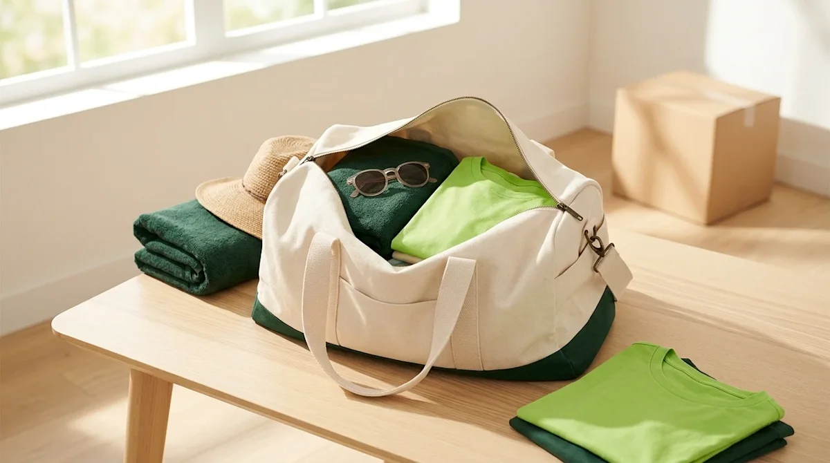 Clear, professional lifestyle marketing photography of an open cream-colored canvas weekender travel bag resting on a clean,