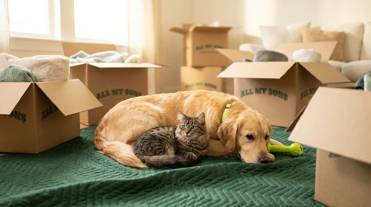 Dog and cat resting among All My Sons moving boxes, illustrating a stress-free pet-friendly relocation experience.
