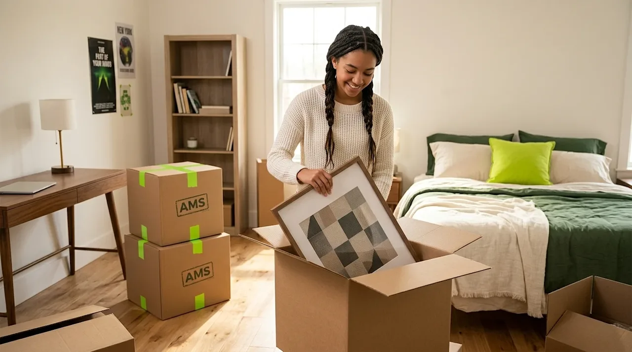 A candid, lifestyle photography shot of a teenager's bedroom in the process of being decorated after a move. A teenager is ha