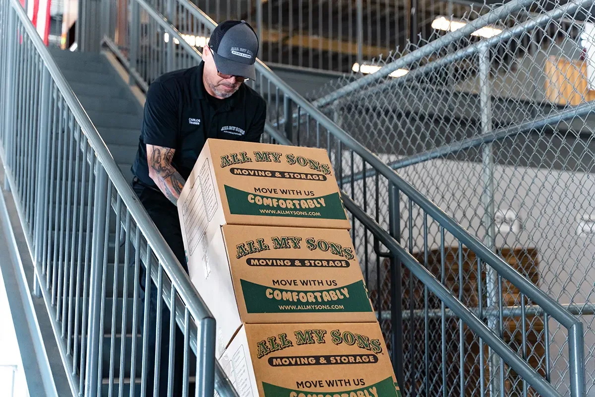 All My Sons professional mover transports stacked moving boxes up the stairs.