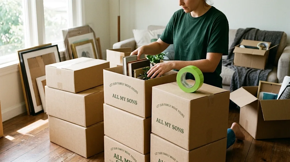 A high-quality lifestyle photograph of a person efficiently packing and organizing items into perfectly stacked tan cardboard