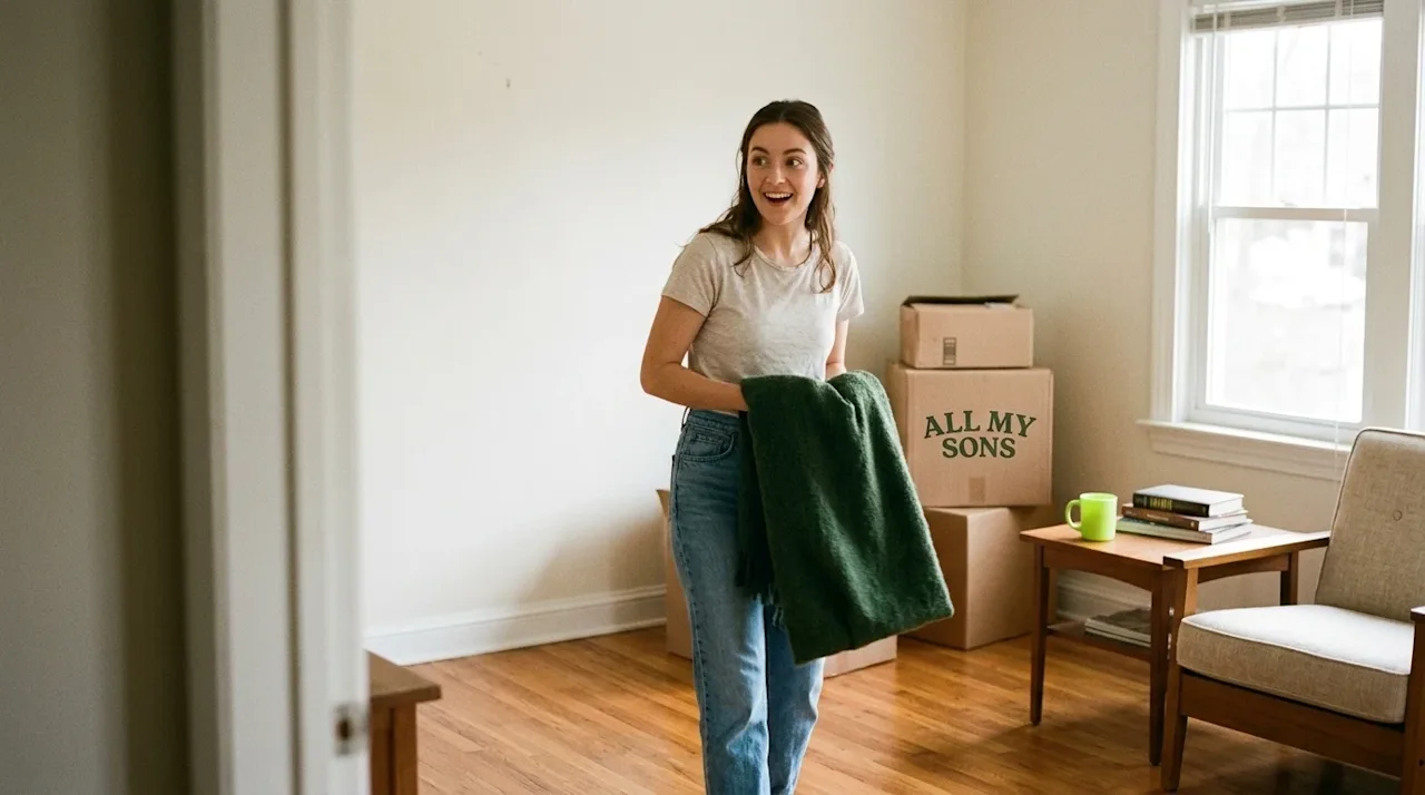 Candid, warm lifestyle photography of a pleasantly surprised young woman in her partially unpacked living room, looking off-c