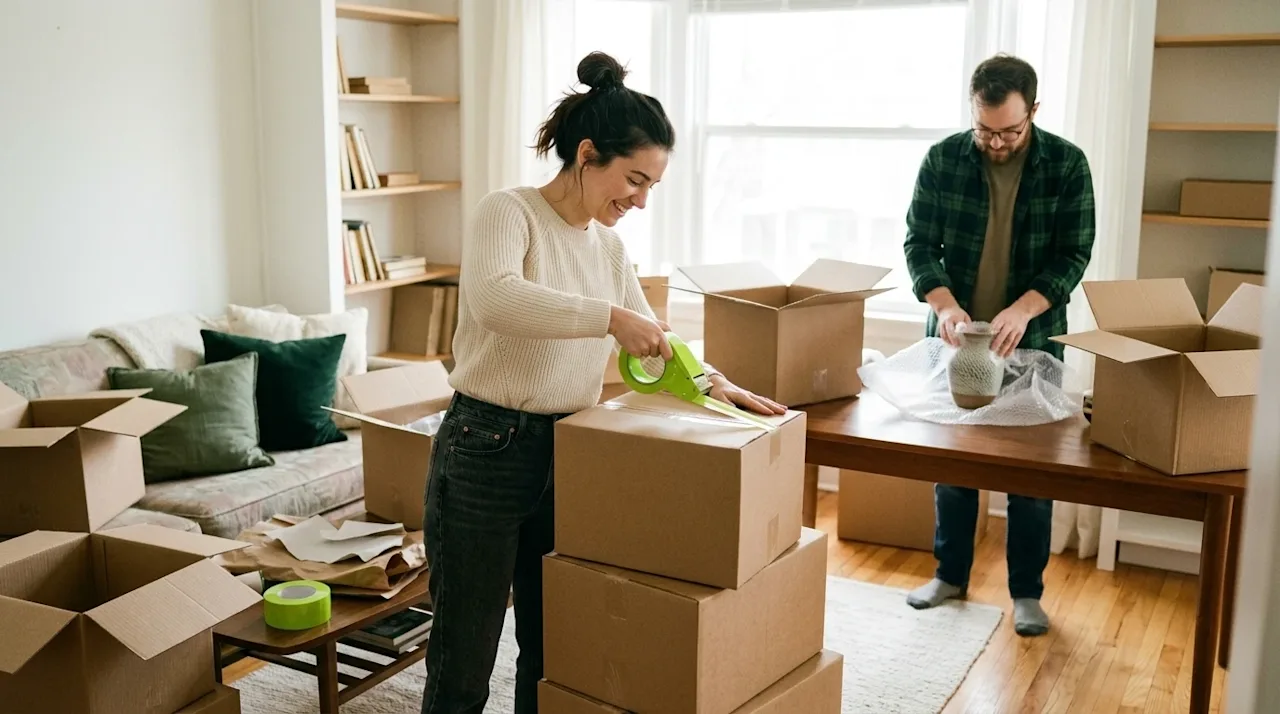 Candid, warm lifestyle photography of a couple efficiently packing their cozy home for a move, conveying a stress-free and or