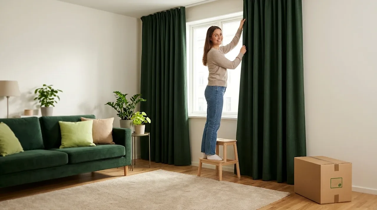 Clear, professional marketing photography of a peaceful, cozy apartment living room. A young woman is smiling as she hangs th