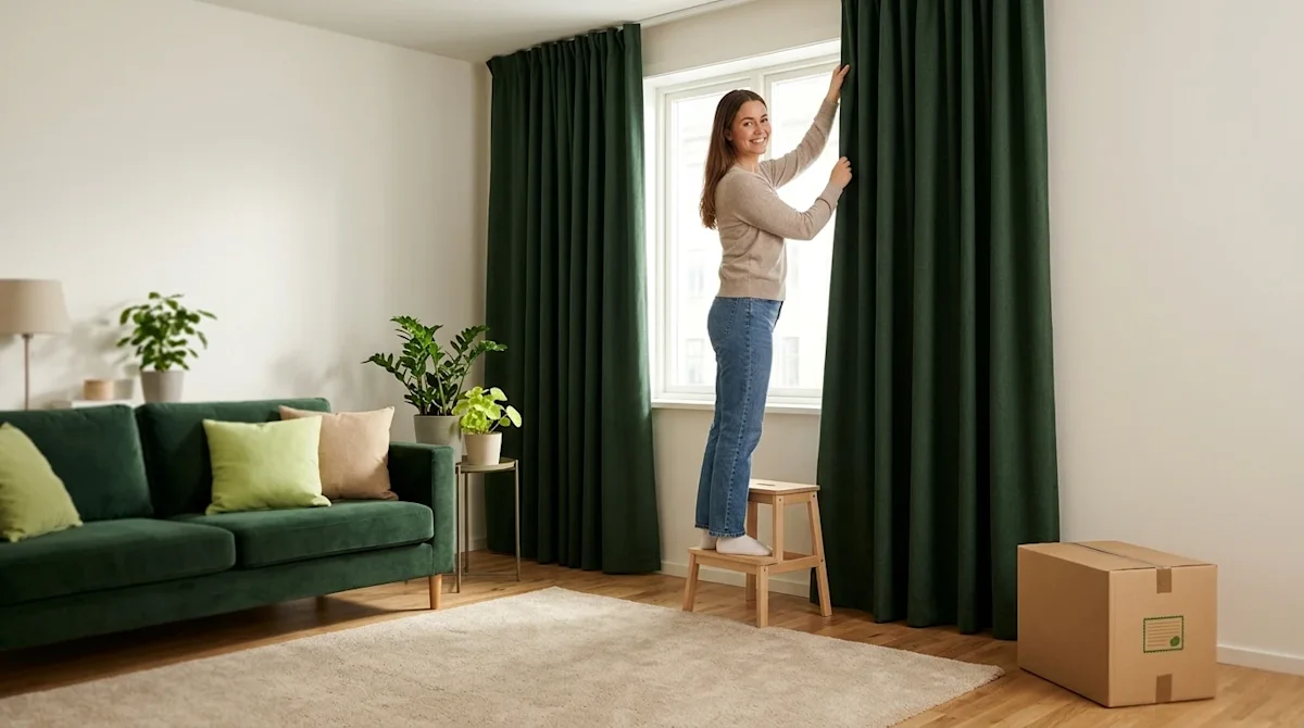 Clear, professional marketing photography of a peaceful, cozy apartment living room. A young woman is smiling as she hangs th
