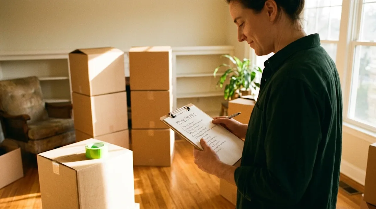 Candid lifestyle photography, 35mm film aesthetic. A warm, authentic shot of an organized person standing in a brightly lit,