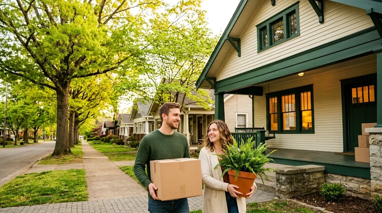 A vibrant lifestyle photography shot of a beautiful, tree-lined neighborhood in Metro Nashville, featuring charming historic