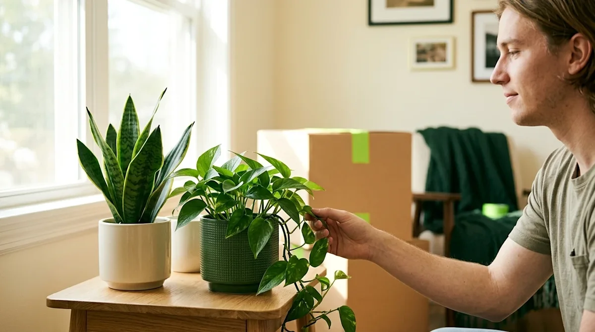Authentic lifestyle photography of a bright, newly moved-in living room setting, focusing on easy-to-care-for indoor plants.