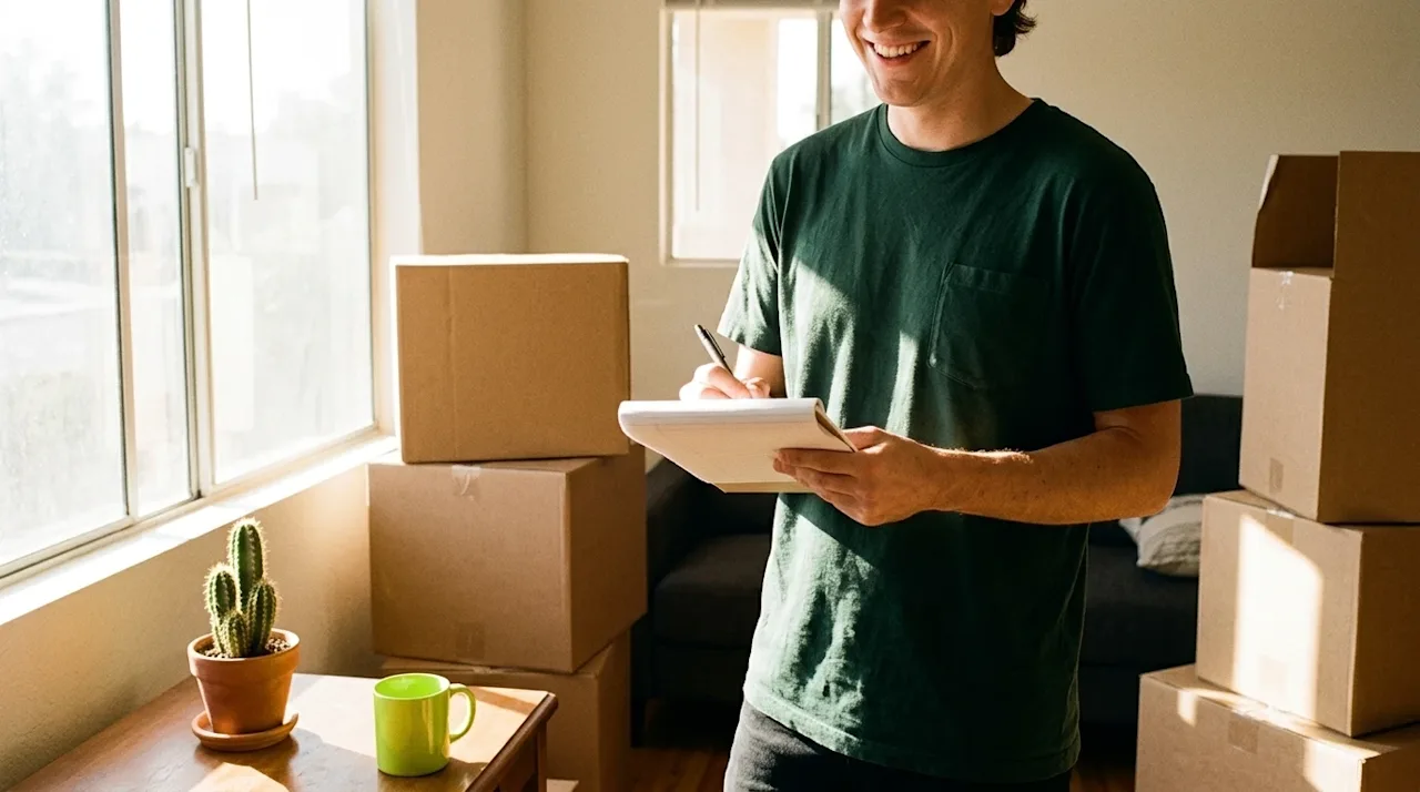 Candid lifestyle photography of a smiling person organizing a move in a brightly sunlit living room, holding a notepad and pen.