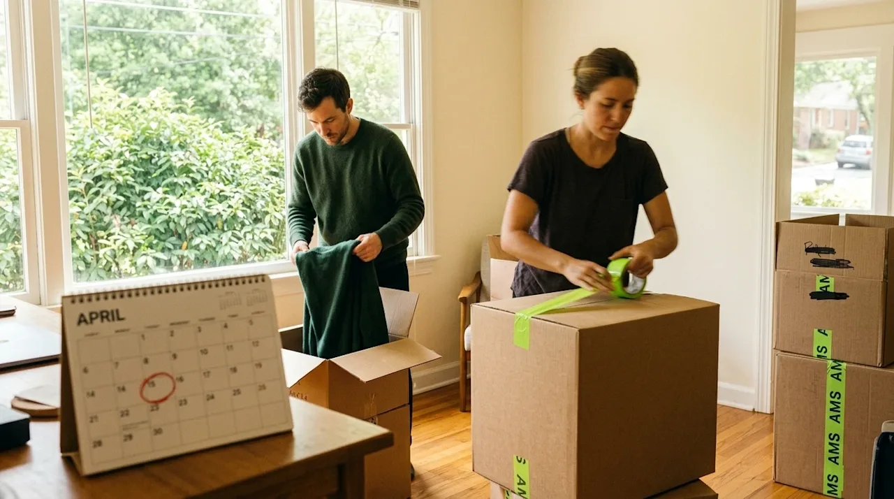 A candid, documentary-style 35mm photograph of a couple rapidly packing for a move in a warm, sunlit living room. The scene c