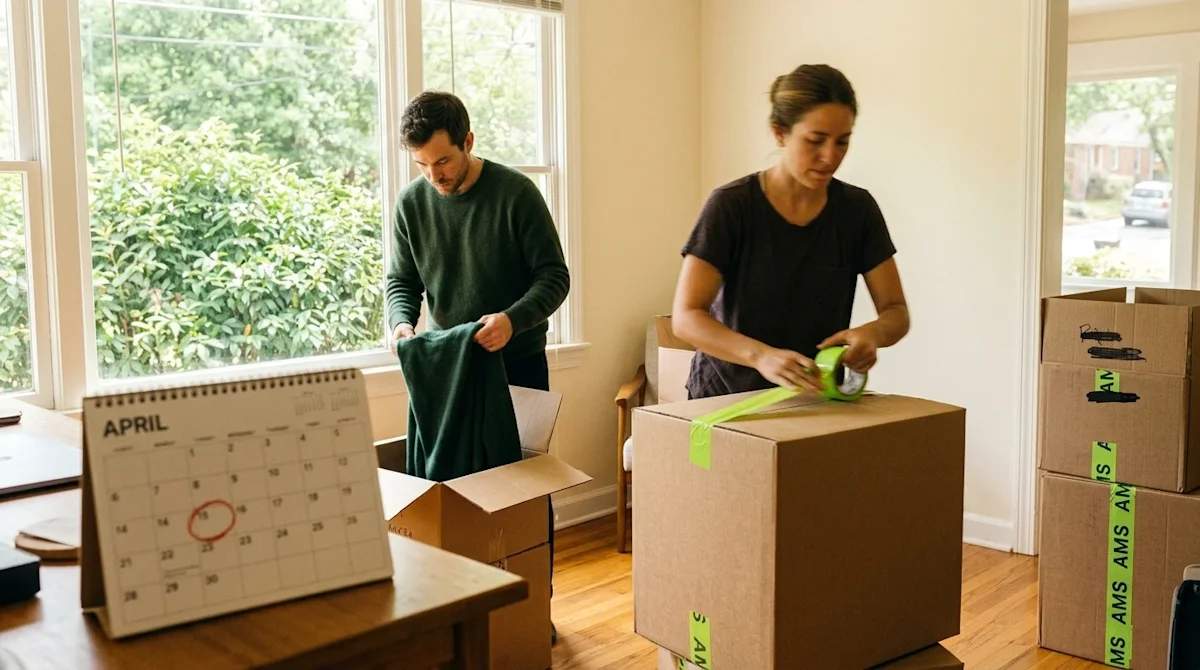 A candid, documentary-style 35mm photograph of a couple rapidly packing for a move in a warm, sunlit living room. The scene c