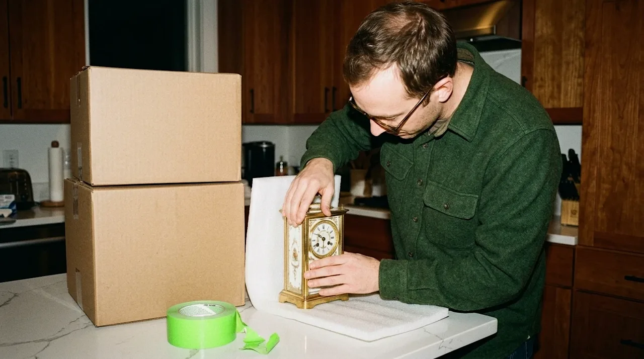 A candid, 35mm film style photograph of a person carefully wrapping a fragile, valuable vintage family heirloom with protecti