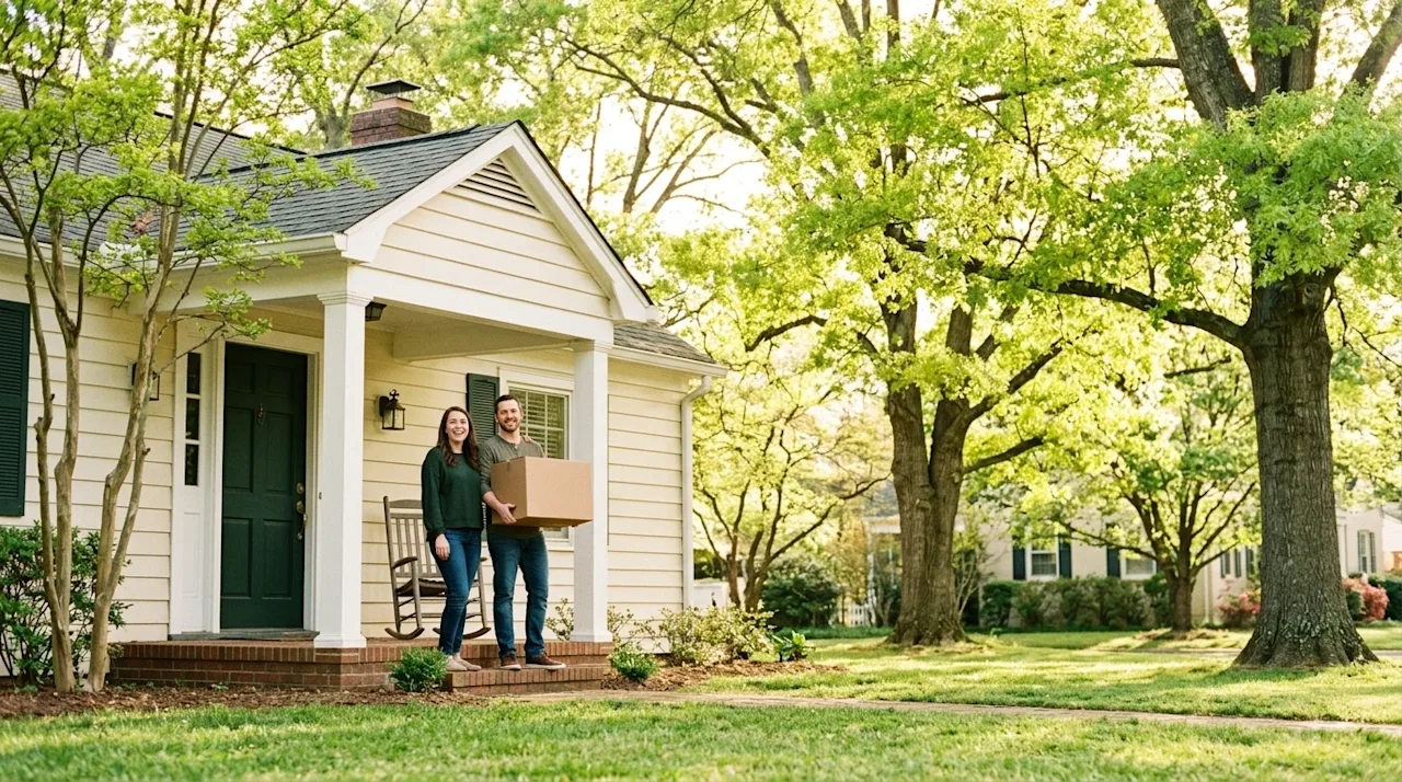 Candid lifestyle photography of a happy couple standing on the front porch of a charming, classic southern suburban home in a