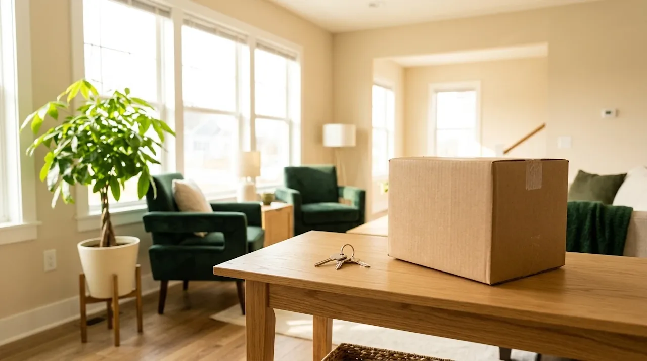 Professional marketing photography of a bright, sunlit interior of a newly purchased home representing a fresh real estate st