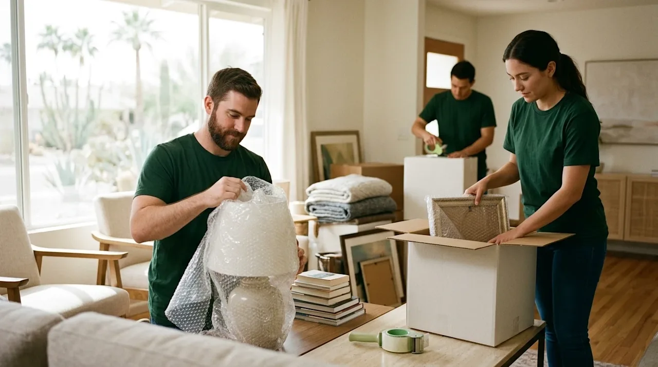 Candid 35mm film photography of friendly, professional movers carefully packing and wrapping household belongings in a bright