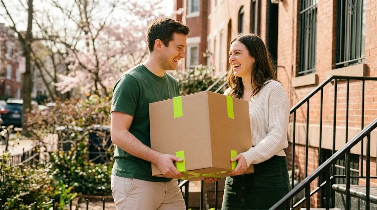 A candid, documentary-style lifestyle photograph of a happy couple moving into a historic brick row house in Washington D.C.