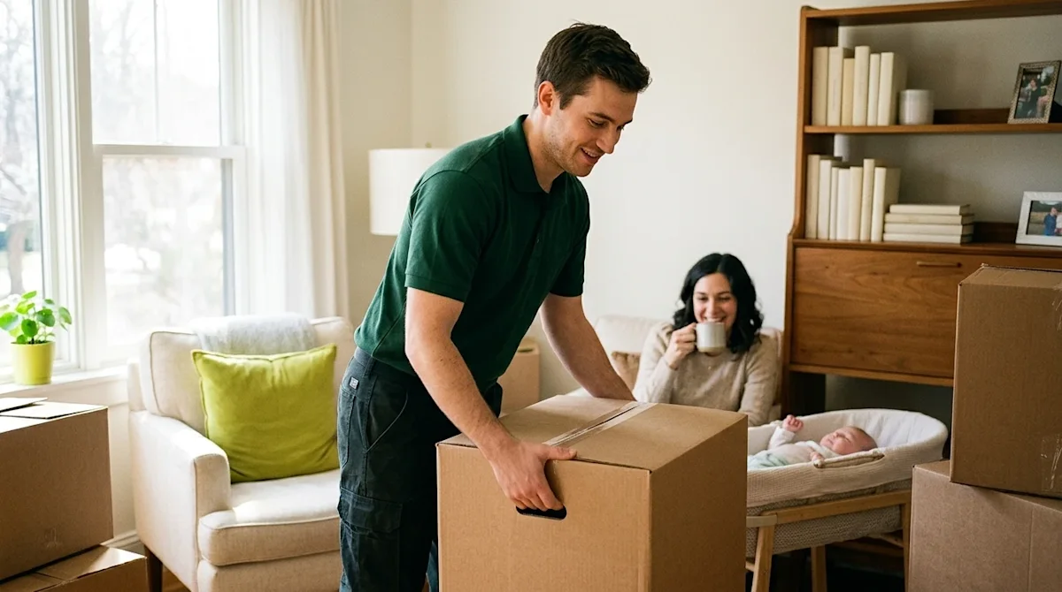 A warm, candid lifestyle photograph illustrating the stress-free experience of hiring a moving company. A friendly profession