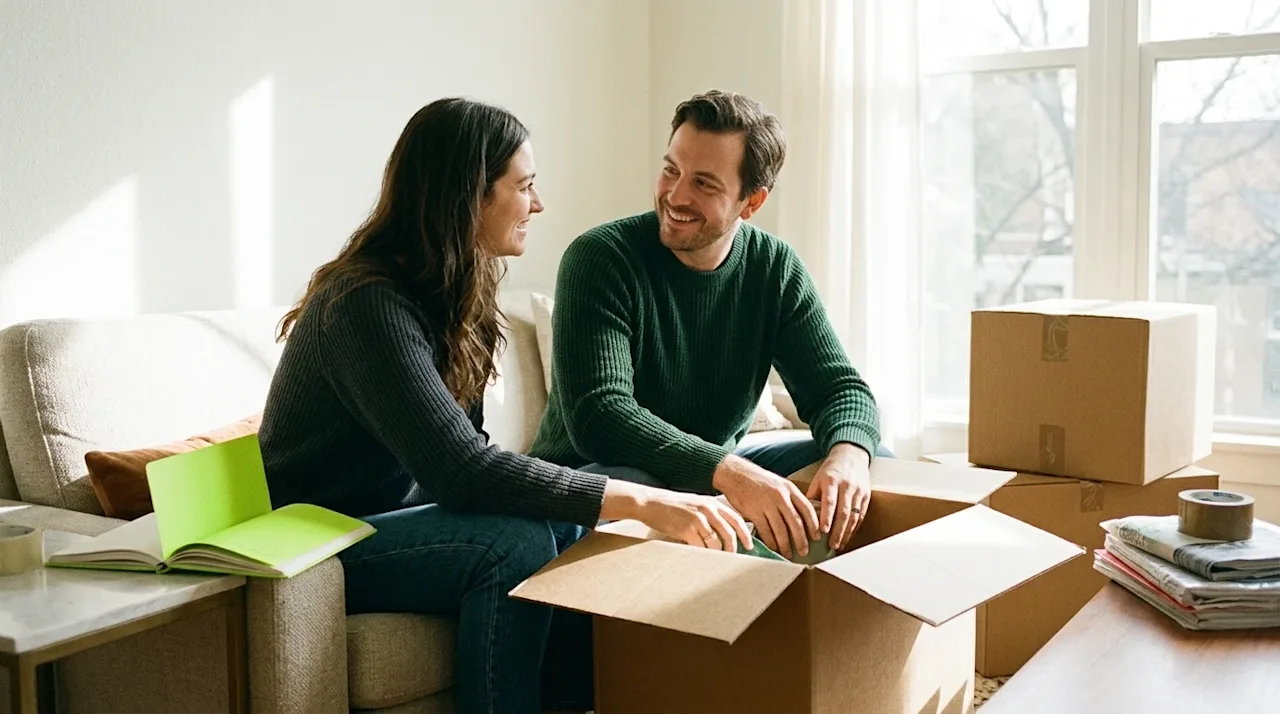 Clear, professional marketing photography of a happy couple in a brightly lit, comfortable living room, smartly packing for a