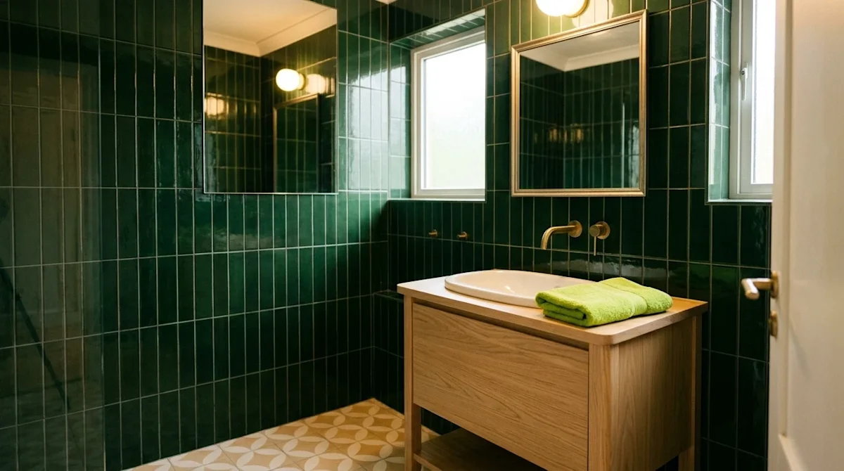 High-quality interior photography of a stylishly designed small bathroom focusing on creative tile ideas. The walls feature e