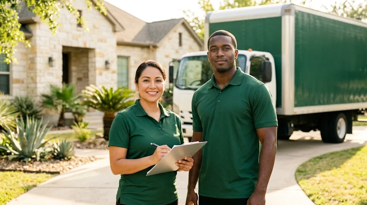 A full-bleed, professional marketing photograph of a diverse team of two friendly, professional movers standing proudly toget