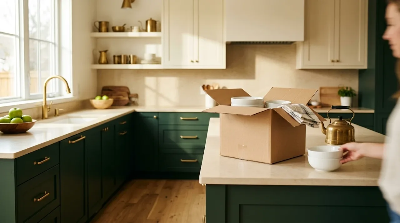 High-quality lifestyle photography of a beautifully upgraded, modern kitchen. The kitchen features stylish deep forest green