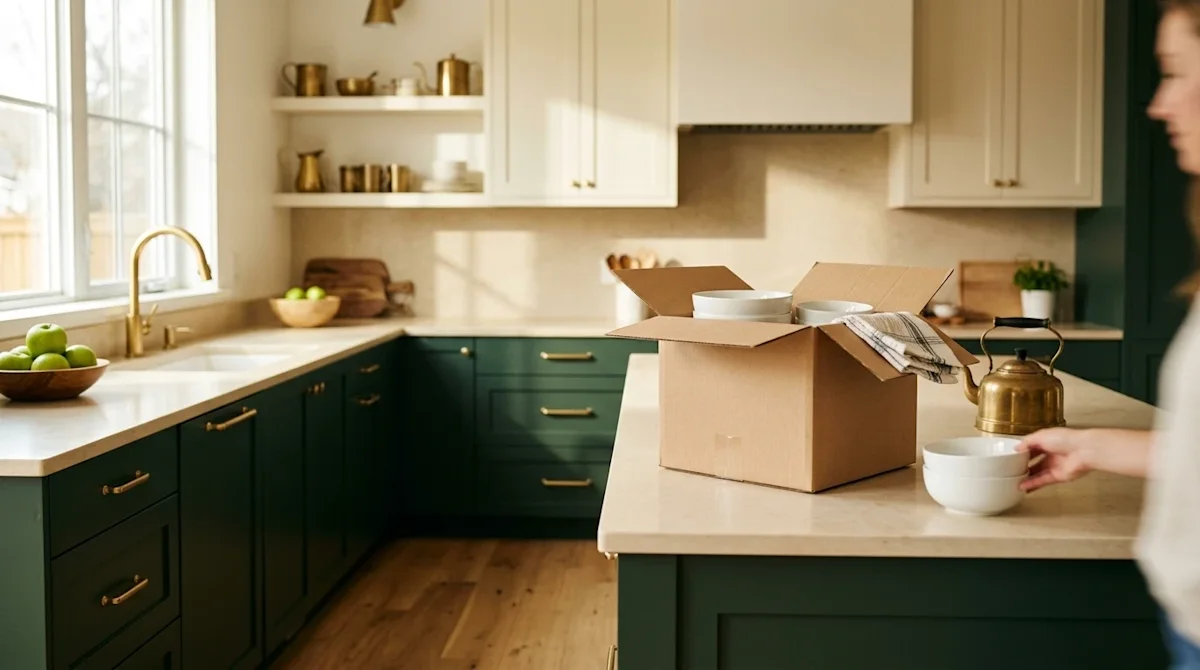 High-quality lifestyle photography of a beautifully upgraded, modern kitchen. The kitchen features stylish deep forest green