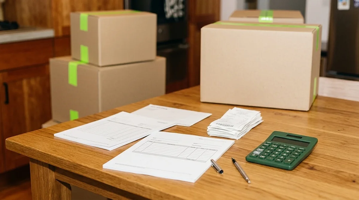 Authentic 35mm style lifestyle photography representing tax-deductible moving expenses. A close-up view of a warm wooden kitc