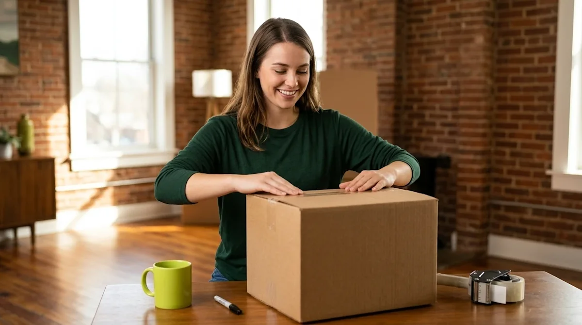 Professional lifestyle marketing photography of a smiling, relatable young adult carefully packing a sturdy cardboard moving