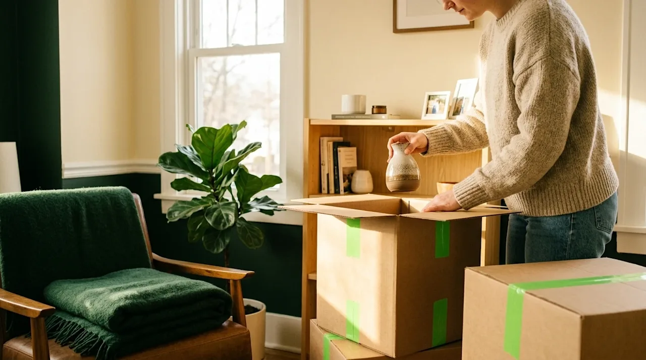 Candid lifestyle photography of a fresh, clean living room symbolizing a New Year's home resolution and a fresh start. A pers