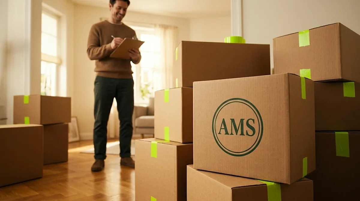 Professional lifestyle photography, a highly organized and stress-free moving day scene representing success. In the foregrou